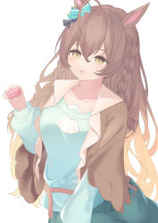 Rule 34 | 1girl, ahoge, animal ears, blue bow, blue shirt, bow, braid, breasts, brown eyes, brown hair, brown jacket, casual, commentary request, ear bow, food, green pants, hair between eyes, hand up, highres, holding, holding food, horse ears, jacket, long hair, long sleeves, macaron, medium breasts, mejiro bright (umamusume), open clothes, open jacket, pants, parted lips, puffy long sleeves, puffy sleeves, roido (taniko-t-1218), shirt, simple background, solo, umamusume, very long hair, white background, wide sleeves