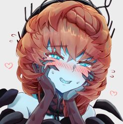 Rule 34 | 1girl, absurdres, black headwear, black sleeves, blue eyes, blue skin, blue tongue, blush, braid, brown hair, colored skin, colored tongue, crown braid, fangs, fate/grand order, fate (series), hands on own face, heart, heart print, highres, looking at viewer, shimogamo (shimomo 12), simple background, solo, sweatdrop, teeth, upper body, van gogh (fate), white background