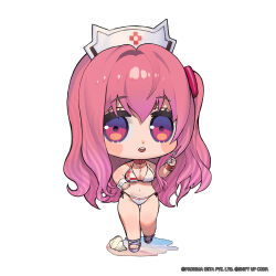 Rule 34 | 1girl, bare shoulders, bikini, blush stickers, breasts, chibi, cleavage, collar, commentary, dot nose, full body, gluteal fold, goddess of victory: nikke, hair ornament, hand up, hat, highres, holding, holding syringe, long hair, medium breasts, nurse cap, official alternate costume, official art, one side up, open mouth, pepper (nikke), pepper (ocean vitamin) (nikke), pink eyes, pink hair, polka dot, polka dot bikini, round teeth, sandals, side-tie bikini bottom, solo, standing, standing on one leg, string bikini, swimsuit, syringe, teeth, thigh gap, thighs, totatokeke, underboob, upper teeth only, very long hair, water, white bikini, white hat, wrist cuffs