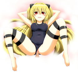 Rule 34 | 00s, 1girl, blonde hair, blush, clothed sex, feet, konjiki no yami, long hair, mikepon (ota office), one-piece swimsuit, penis, red eyes, school swimsuit, sex, swimsuit, to love-ru, uncensored, vaginal, very long hair