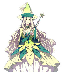 Rule 34 | 1girl, absurdres, artist request, blonde hair, blush, breasts, bridal gauntlets, cape, cleavage, cleavage cutout, clothing cutout, dress, elbow gloves, fingerless gloves, gloves, green dress, green eyes, green gloves, green theme, hakoniwa no folklore, hat, highres, holding, holding wand, large breasts, layered dress, long hair, looking at viewer, mahoutsukai rosetta, open mouth, see-through, simple background, standing, star (symbol), wand, white background, witch hat