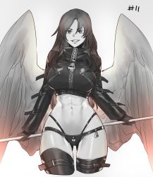 Rule 34 | 1girl, abs, absurdres, breasts, commentary, crop top, cropped legs, feathered wings, gloves, gluteal fold, grey background, grin, hair between eyes, heart-shaped lock, highres, large breasts, less, long hair, long sleeves, looking at viewer, muscular, muscular female, navel, original, parted lips, simple background, smile, solo, stomach, thighhighs, wings, zipper, zipper pull tab