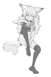 Rule 34 | animal ears, black thighhighs, bottomless, bow, fox ears, fox girl, fox tail, full body, greyscale, hand on own knee, highres, invisible chair, knee up, long hair, looking at viewer, messy hair, monochrome, no shoes, original, ribbon, sailor collar, sakifox, school uniform, serafuku, short sleeves, simple background, sitting, solo, tail, thighhighs, thighhighs pull, undressing, white background