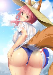 Rule 34 | 10s, 1girl, animal ears, ass, ball, beachball, bent over, bikini, blue bikini, blush, breasts, cowboy shot, curvy, ears through headwear, fate/extra, fate/grand order, fate (series), foreshortening, fox ears, fox girl, fox tail, from behind, halterneck, hat, highres, hitotsuki nebura, large breasts, long hair, looking at viewer, looking back, nose blush, pink hair, see-through, see-through silhouette, shirt, short sleeves, smile, solo, straw hat, swimsuit, t-shirt, tail, tamamo (fate), tamamo no mae (fate/extra), tamamo no mae (swimsuit lancer) (fate), tamamo no mae (swimsuit lancer) (first ascension) (fate), thigh gap, wet, wet clothes, wet shirt, white shirt, wide hips, yellow eyes