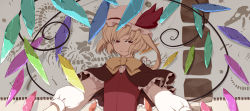 Rule 34 | 1girl, blonde hair, capelet, female focus, flandre scarlet, hat, hat ribbon, outstretched arms, red eyes, ribbon, sakuraba yuuki, side ponytail, smile, solo, touhou, wings