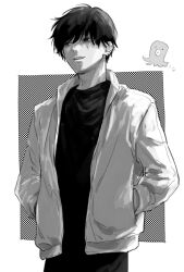 Rule 34 | 1boy, ajo cnsw, black hair, black shirt, chainsaw man, ear piercing, greyscale, hands in pockets, jacket, looking to the side, monochrome, octopus, open mouth, piercing, shirt, short hair, simple background, solo, white background, white jacket, yoshida hirofumi