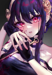 Rule 34 | 1girl, absurdres, bare shoulders, black dress, black gloves, black hair, blood, blood in hair, blood on face, blush, breasts, cleavage, dagger, dress, earrings, fingerless gloves, flower, gloves, glowing, glowing eyes, hair flower, hair ornament, hairband, highres, holding, holding weapon, jewelry, knife, large breasts, looking at viewer, nail polish, nameko (nameko umai555), parted lips, red eyes, short hair with long locks, sidelocks, solo, spy x family, stiletto (weapon), strapless, strapless dress, upper body, weapon, yellow hairband, yor briar