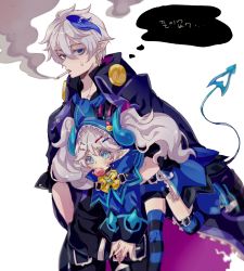 Rule 34 | 1boy, 1girl, blue eyes, blue hair, candy, carrying, chiliarch (elsword), ciel (elsword), cigarette, crown, demon girl, demon tail, dreadlord (elsword), earrings, elsword, food, hair ornament, hairclip, hood, horns, jacket, jewelry, lollipop, luciela r. sourcream, multicolored hair, over-kneehighs, pointy ears, shorts, smoke, striped clothes, striped thighhighs, sweatdrop, symbol-shaped pupils, tail, thighhighs, twintails, two-tone hair, wavy hair, white hair, zipper