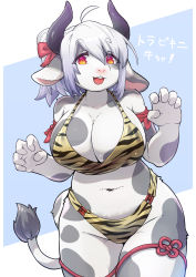 Rule 34 | 1girl, ahoge, animal ears, animal print, arms up, bikini, breasts, brown eyes, claw pose, cleavage, cow ears, cow girl, cow horns, cow tail, furry, furry female, grey hair, groin, hanadaiteol, highres, horns, large breasts, long hair, navel, open mouth, original, ponytail, print bikini, ribbon, smile, solo, swimsuit, tail, thigh strap, thighs, tiger print