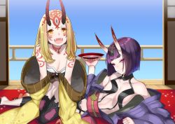 Rule 34 | 2girls, alcohol, asanuma, bare shoulders, blonde hair, breasts, claws, cleavage, cup, fanger, fate/grand order, fate (series), female focus, hair jewelry, holding, holding cup, horns, ibaraki douji (fate), japanese clothes, jewelry, kimono, long hair, multiple girls, off shoulder, oni, open clothes, open kimono, pointy ears, purple eyes, purple hair, purple kimono, revealing clothes, sakazuki, sake, short hair, short kimono, shuten douji (fate), skin-covered horns, small breasts, wide sleeves, yellow eyes, yellow kimono