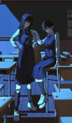 Rule 34 | 2girls, absurdres, black hair, black ribbon, black socks, chainsaw man, chair, commentary request, cross scar, dress, facial scar, fourth east high school uniform, hand on another&#039;s shoulder, hands on own hips, highres, indoors, long hair, long skirt, long sleeves, looking at viewer, mitaka asa, moonlight, multiple girls, neck ribbon, night, pigone, pinafore dress, red eyes, ribbon, ringed eyes, scar, scar on cheek, scar on face, school, school uniform, shoes, sitting, sitting on table, skirt, sleeveless dress, socks, twintails, white footwear, yoru (chainsaw man)
