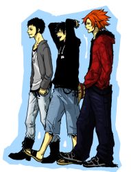 3boys alternate_costume contemporary eustass_kid male_focus monkey_d._luffy multiple_boys one_piece red_hair sandals trafalgar_law walking