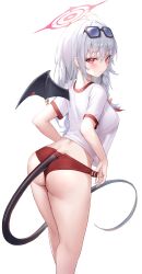 Rule 34 | 1girl, absurdres, ass, blue archive, haruna (blue archive), highres, looking at viewer, pdxen, red eyes, shirt, simple background, smile, solo, white hair, white shirt