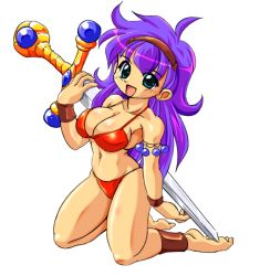 Rule 34 | 1girl, athena (series), barefoot, bikini, breasts, cleavage, feet, green eyes, highres, ichiyasu, kneeling, large breasts, long hair, looking at viewer, open mouth, princess athena, purple hair, smile, snk, solo, swimsuit, sword, the king of fighters, weapon