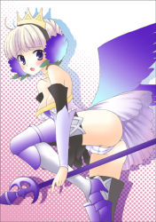 Rule 34 | 1girl, armor, armored dress, blonde hair, blue eyes, dress, gwendolyn (odin sphere), halftone, halftone background, mika mikan, odin sphere, panties, pink background, short hair, solo, strapless, strapless dress, thighhighs, underwear, white background
