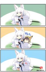 Rule 34 | 2girls, 3koma, absurdres, alternate costume, animal costume, animal ears, aqua eyes, azur lane, black hair, blunt bangs, bridal gauntlets, comic, commentary request, crossover, detached sleeves, eyeshadow, fox costume, fox ears, fox girl, fox tail, hair between eyes, hiding, highres, historical name connection, holding, holding paper, japanese clothes, kaga (battleship) (azur lane), kaga (kancolle), kantai collection, kitsune, kyuubi, long hair, long sleeves, looking at another, looking to the side, makeup, multiple girls, multiple tails, name connection, paper, reading, seiza, short hair, sidelocks, signature, silent comic, sitting, tail, taisa (kari), tatami, translation request, twitter username, white hair, wide sleeves