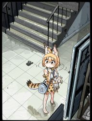Rule 34 | 1girl, animal ears, bag, bare legs, bare shoulders, barefoot, border, bow, bowtie, commentary request, elbow gloves, extra ears, finger to mouth, from above, full body, gloves, hair between eyes, high-waist skirt, holding, holding stuffed toy, i love serval, japari symbol, kemono friends, looking to the side, medium hair, oekaki, orange hair, print bow, print gloves, print skirt, serval (kemono friends), serval print, serval tail, shirt, shoes, shoulder bag, sign, single shoe, skirt, solo, stairs, standing, stuffed animal, stuffed toy, tail, tile floor, tiles, yellow eyes