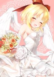 Rule 34 | 1girl, ^ ^, absurdres, angel wings, blonde hair, blush, bow, breasts, cleavage, closed eyes, commentary request, cowboy shot, dress, dutch angle, elbow gloves, closed eyes, feathered wings, flower, frills, gengetsu (touhou), gloves, hair bow, happy, highres, inuimahirocha, off-shoulder dress, off shoulder, open mouth, pink background, red bow, rose, short hair, small breasts, strapless, strapless dress, touhou, touhou (pc-98), wedding, wedding dress, white dress, white flower, white gloves, white rose, white wings, wings