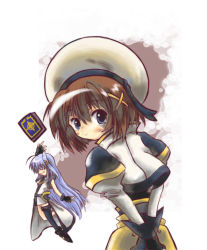 Rule 34 | 00s, 2girls, beret, black gloves, book, book of the azure sky, from behind, gloves, hair ornament, hat, juliet sleeves, long sleeves, looking at viewer, lyrical nanoha, magical girl, mahou shoujo lyrical nanoha, mahou shoujo lyrical nanoha strikers, mini person, minigirl, multiple girls, puffy sleeves, reinforce zwei, silver hair, simple background, size difference, white background, x hair ornament, yagami hayate