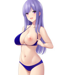 Rule 34 | 1girl, bikini, bikini pull, blue bikini, breasts, clothes pull, collarbone, highres, large breasts, long hair, looking at viewer, marui koishi, navel, nipples, one breast out, open mouth, original, parted bangs, purple eyes, purple hair, simple background, smile, solo, swimsuit, white background