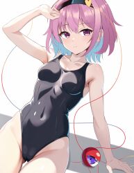 Rule 34 | 1girl, absurdres, black hairband, black one-piece swimsuit, blue hair, breasts, cameltoe, collarbone, colored inner hair, commentary request, covered navel, eyeball, hairband, highleg, highleg swimsuit, highres, komeiji satori, looking at viewer, multicolored hair, new school swimsuit, one-piece swimsuit, pink eyes, pink hair, school swimsuit, short hair, simple background, small breasts, solo, swimsuit, third eye, touhou, white background, wottosei