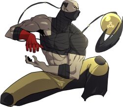 Rule 34 | 1boy, abs, black hair, commentary, english commentary, gloves, lin (kof), long hair, male focus, muscular, muscular male, pants, ponytail, red gloves, simple background, single glove, the king of fighters, the king of fighters xv, tio ninja, very long hair, white background, yellow pants