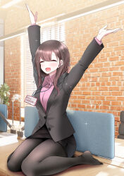 Rule 34 | 1girl, ^ ^, arms up, black jacket, black pantyhose, blush, breasts, brown hair, business suit, closed eyes, collared shirt, commentary request, crotch seam, desk, facing viewer, formal, happy, highres, indoors, jacket, long hair, long sleeves, medium breasts, no shoes, office lady, ol-chan (oouso), on desk, oouso, original, panties, panties under pantyhose, pantyhose, pencil skirt, pink shirt, shirt, sitting, skirt, smile, solo, suit, suit jacket, translated, underwear, wariza, white panties