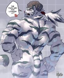 Rule 34 | 1boy, abs, absurdres, anger vein, animal ears, artist name, bara, claws, commentary, dislyte, dylan (dylarts), english commentary, from behind, furry, furry male, hand on own hip, highres, jin qiu (ru shou) (dislyte), looking back, male focus, muscular, muscular male, pectorals, ponytail, profanity, profile, shower (place), shower cap, showering, speech bubble, spoken anger vein, tail, tiger boy, tiger ears, tiger stripes, tiger tail, wet