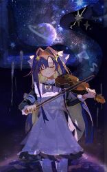 Rule 34 | 1girl, apron, beamed eighth notes, black dress, black hairband, blonde hair, blue hair, bow (music), closed eyes, closed mouth, colored inner hair, cowboy shot, dress, eighth note, facing viewer, frilled apron, frills, hair intakes, hair ornament, hairband, hand up, highres, holding, holding bow (music), holding instrument, holding violin, instrument, juliet sleeves, languo, long hair, long sleeves, multicolored hair, music, musical note, planet, playing instrument, puffy sleeves, reverse:1999, school uniform, short dress, smile, solo, soviet school uniform, star (symbol), star hair ornament, starry background, violin, voyager (reverse:1999), white apron