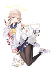 Rule 34 | 1girl, absurdres, blonde hair, blue archive, blush, bullpup, buttons, commentary request, gun, halo, hifumi (blue archive), highres, holding, holding gun, holding weapon, long hair, long sleeves, looking at viewer, low twintails, open mouth, pantyhose, rifle, sailor collar, shoes, sidelocks, simple background, sneakers, solo, twintails, weapon, white background, xpsuv, yellow eyes