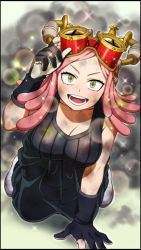Rule 34 | 1girl, baggy pants, bare shoulders, blush, boku no hero academia, breasts, cleavage, collarbone, dirty, gloves, goggles, goggles on head, hatsume mei, highres, large breasts, looking at viewer, medium breasts, official art, open mouth, pants, pink hair, smile, solo, sparkle, symbol-shaped pupils, tank top, unusual pupils, yellow eyes