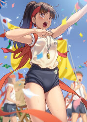 Rule 34 | 1girl, 3others, american flag, arm up, artist logo, black buruma, blue sky, blurry, blurry background, brazilian flag, breasts, brown eyes, brown hair, buruma, collared shirt, commentary request, confetti, day, drum, drumsticks, flagpole, flags of all nations, hand up, headband, highres, holding, holding drumsticks, instrument, japanese flag, long hair, medium breasts, multiple others, open mouth, original, outdoors, outstretched arm, pairan, ponytail, red headband, red ribbon, ribbon, shirt, shirt tucked in, sky, solo focus, string of flags, sweat, swedish flag, taiko drum, tasuki, teeth, upper teeth only, whistle, whistle around neck, white shirt, zipper pull tab