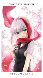 Rule 34 | 1girl, :d, admiral graf spee (azur lane), azur lane, black cat, blue eyes, blurry, blurry background, branch, breasts, cardigan, cardigan vest, cat, cherry blossoms, commentary request, depth of field, dress shirt, flower, hair between eyes, hand up, head tilt, highres, looking at viewer, multicolored hair, open mouth, osisio, petals, pink flower, red hair, red scarf, scarf, shirt, short sleeves, silver hair, small breasts, smile, solo, streaked hair, upper body, white shirt