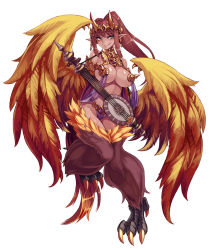 Rule 34 | 1girl, bare shoulders, bird wings, blush, breasts, claws, cleavage, dark-skinned female, dark skin, feathered wings, full body, gandharva, gandharva (monster girl encyclopedia), grey eyes, harem outfit, harpy, highres, instrument, kenkou cross, large breasts, licking lips, long hair, looking at viewer, midriff, monster girl, monster girl encyclopedia, monster girl encyclopedia ii, navel, official art, pasties, pointy ears, ponytail, red eyes, red hair, revealing clothes, simple background, smile, solo, tail, tan, tongue, tongue out, white background, wings