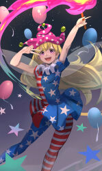 Rule 34 | 1girl, :d, absurdres, american flag dress, american flag legwear, blonde hair, blush, clownpiece, daweykun, dress, fairy, fairy wings, feet out of frame, hat, highres, holding, holding torch, jester cap, long hair, open mouth, pantyhose, pink eyes, pink hat, polka dot, polka dot headwear, smile, solo, star (symbol), star print, striped clothes, striped dress, striped pantyhose, torch, touhou, twitter username, v, wings