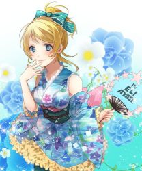 Rule 34 | 10s, 1girl, angelic angel, ayase eli, bad id, bad twitter id, blonde hair, blue eyes, blush, detached sleeves, finger to mouth, flower, frilled skirt, frills, hair ornament, hand fan, holding, japanese clothes, kimono, lips, lolita fashion, love live!, love live! school idol festival, love live! school idol project, mochi sakura, obi, parted bangs, sash, skirt, smile, solo, wa lolita, wide sleeves