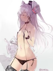 Rule 34 | 10s, 1girl, amatsukaze (kancolle), bare shoulders, black panties, breasts, choker, cowboy shot, closed eyes, flat chest, garter straps, gloves, grey background, hair tubes, highres, kantai collection, long hair, navel, panties, rensouhou-kun, silver hair, single glove, small breasts, solo, sumisu (mondo), twitter username, two side up, underwear, white gloves
