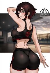 Rule 34 | 1girl, artist name, ass, back, bare shoulders, black hair, black shorts, blush, breasts, crop top, dizzle, dolphin shorts, from behind, gradient hair, grey eyes, highres, huge ass, looking back, medium breasts, multicolored hair, narrow waist, red hair, ruby rose, rwby, short hair, short shorts, shorts, sleeveless, smile, solo, tank top, v, workout clothes