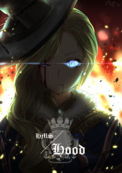 Rule 34 | 1girl, azur lane, bleeding, blonde hair, blood, blood from mouth, blood on face, blue eyes, blue shirt, capelet, character name, commentary, earrings, english commentary, fiery background, fire, fur trim, glowing, glowing eyes, hair over shoulder, hat, highres, hood (azur lane), jewelry, long hair, nev (nevblindarts), one eye closed, shirt, solo, tilted headwear