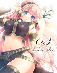 Rule 34 | 1girl, armband, belt, blue eyes, blue nails, breasts, covered erect nipples, crop top, crop top overhang, flower, headset, highres, kimishima ao, large breasts, long hair, megurine luka, midriff, nail polish, navel, nipples, pink hair, puffy nipples, shiny skin, solo, thighhighs, vocaloid