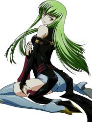 Rule 34 | 00s, 1girl, absurdres, arm warmers, bare shoulders, boots, c.c., code geass, green hair, high heels, highres, kawaguchi rie, long hair, shoes, shorts, solo, thigh boots, thighhighs, thighs, transparent background, vector trace, yellow eyes