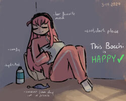 Rule 34 | 1girl, blush, bocchi the rock!, bocchidaily, bottle, character name, checkmark, closed eyes, closed mouth, commentary, dated, english commentary, english text, full body, gotoh hitori, happy, headphones, highres, holding, holding pillow, indoors, jacket, listening to music, long hair, long sleeves, pants, pillow, pink hair, pink jacket, pink pants, sidelocks, sitting, sleeves past wrists, smile, solo, track jacket, track pants, very long hair, water bottle