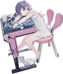 Rule 34 | 1girl, aged down, barefoot, bracelet, chair, desk, dress, full body, gunpla, hair ornament, holding, holding toy, iron saga, jewelry, looking at viewer, model kit, nineo, official art, parted lips, pliers, ponytail, purple eyes, purple hair, rabbit tail, side ponytail, sitting, solo, tail, teresa (iron saga), toy, transparent background, white dress
