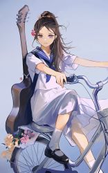 Rule 34 | 1girl, aqua background, artist name, bicycle, black footwear, bow, brown hair, chinese commentary, closed mouth, commentary, expressionless, flower, full body, green bow, grey eyes, guitar, hair bow, hair flower, hair ornament, hair over shoulder, high ponytail, highres, instrument, long skirt, looking at viewer, lying, mary janes, neckerchief, on back, pink flower, purple neckerchief, purple sailor collar, qingxin gua yu, real life, riding, riding bicycle, sailor collar, school uniform, seal impression, serafuku, shirt, shoes, short sleeves, simple background, sitting, skirt, socks, solo, split mouth, white shirt, white skirt, white socks, wind, yellow flower