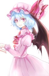 Rule 34 | 1girl, ascot, bat wings, blue hair, brooch, commentary request, cowboy shot, dress, from side, hair between eyes, hat, hat ribbon, highres, jewelry, looking at viewer, mob cap, pink dress, red ascot, red eyes, red ribbon, remilia scarlet, ribbon, rosette (roze-ko), short hair, simple background, smile, solo focus, standing, touhou, white background, wings