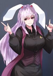 Rule 34 | 1girl, absurdres, animal ears, black background, black jacket, black skirt, closed mouth, commentary, crescent, crescent pin, highres, index finger raised, jacket, long hair, long sleeves, looking at viewer, purple hair, rabbit ears, rabbit girl, reisen udongein inaba, sidelocks, simple background, skirt, solo, symbol-only commentary, touhou, yagoro kusuriya