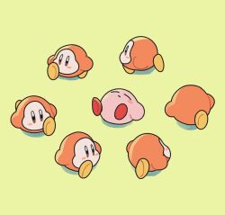 Rule 34 | blush stickers, closed eyes, commentary request, green background, kirby, kirby (series), lying, ni re, nintendo, no humans, simple background, solid oval eyes, surrounded, waddle dee, walking