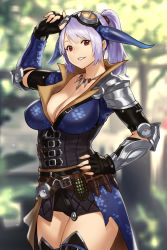 Rule 34 | 1girl, arm guards, arm up, armor, belt, belt buckle, black thighhighs, blurry, blurry background, breasts, buckle, cleavage, commentary request, cowboy shot, day, elbow gloves, elbow pads, fingerless gloves, fingernails, gloves, goggles, goggles on head, grin, hand on own hip, highres, horns, houtengeki, jewelry, large breasts, long hair, looking at viewer, monster hunter, monster hunter: world, monster hunter (series), necklace, original, outdoors, parted lips, ponytail, purple hair, red eyes, shoulder armor, smile, solo, standing, thighhighs, tzitzi-ya-ku (armor), zettai ryouiki