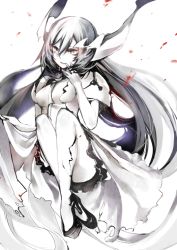 Rule 34 | 10s, 1girl, abyssal ship, anchorage water oni, atoshi, bad id, bad pixiv id, breasts, colored skin, fetal position, full body, glowing, glowing eyes, grey hair, hand to own mouth, high heels, horns, kantai collection, long hair, monochrome, overskirt, plantar flexion, solo, very long hair, white skin, yellow eyes