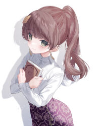 Rule 34 | 1girl, absurdres, alternate costume, alternate hairstyle, artist name, black nails, book hair ornament, commentary request, earrings, hair ornament, hairclip, highres, indie virtual youtuber, jewelry, kanae (inorin05kanae), long sleeves, looking at viewer, ponytail, shadow, shirt, skirt, solo, standing, virtual youtuber, white shirt, yomiyama humino